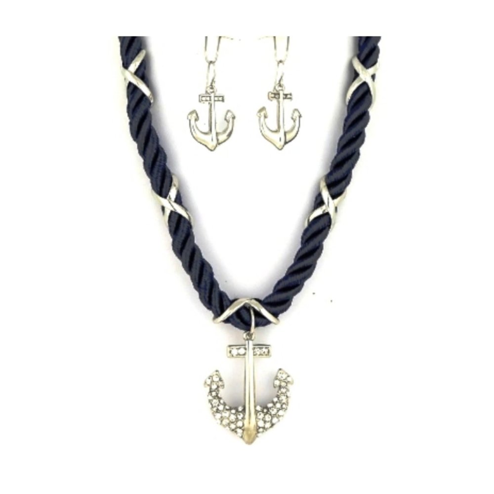 Navy Anchor Pendant Nylon Cord Necklace